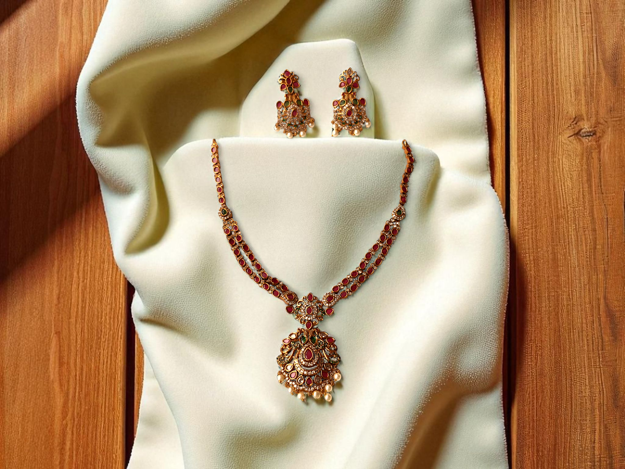 Traditional Ruby & Pearl Necklace Set