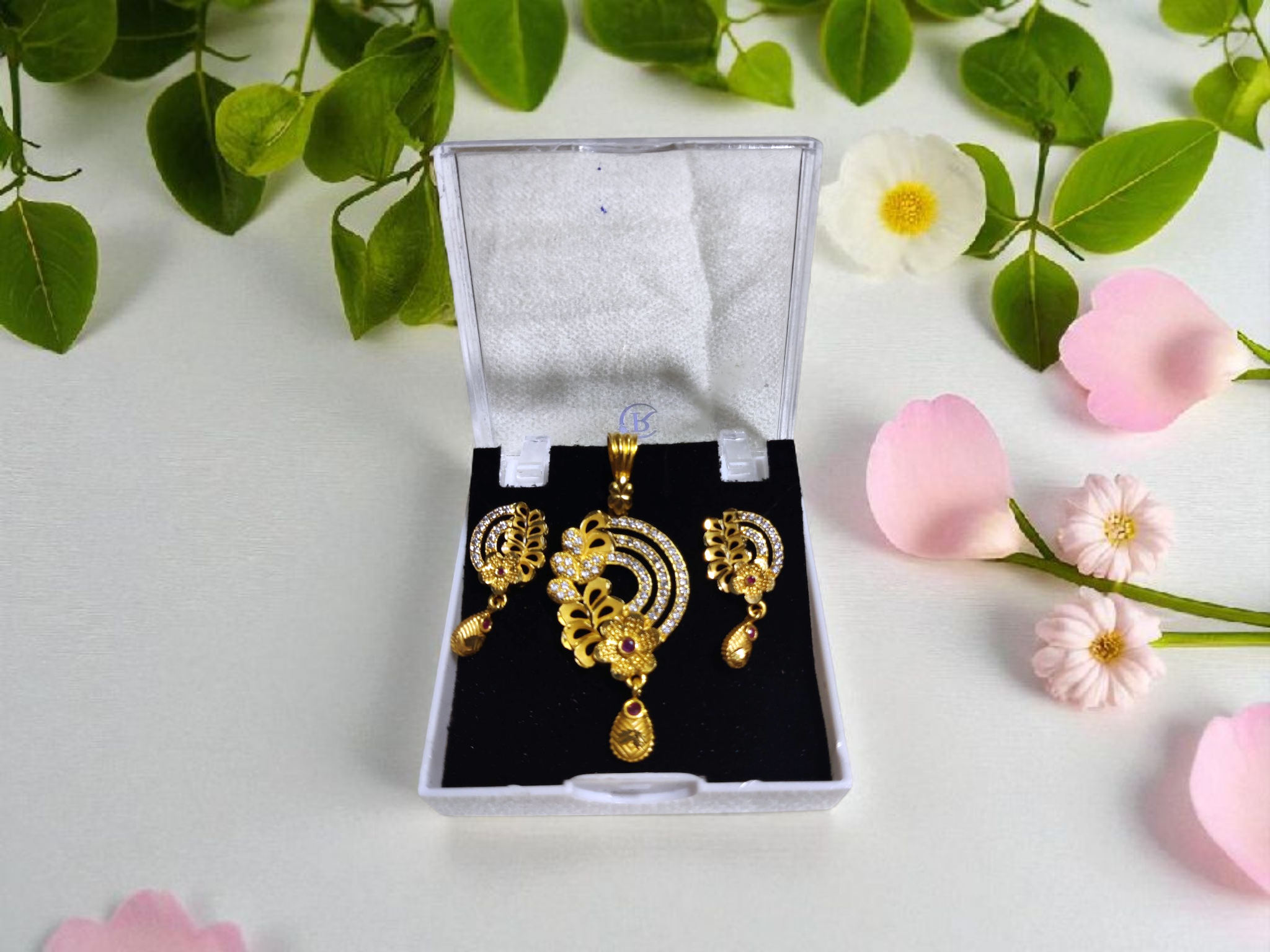 Ashi Floral Arc Pendant Set – Gold Plated Elegance with Stonework