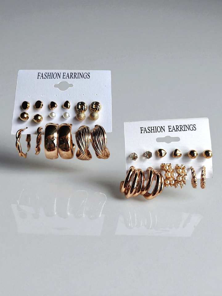 Elegant Gold-Tone Fashion Earring Set – 15 Pairs (Mixed Styles)